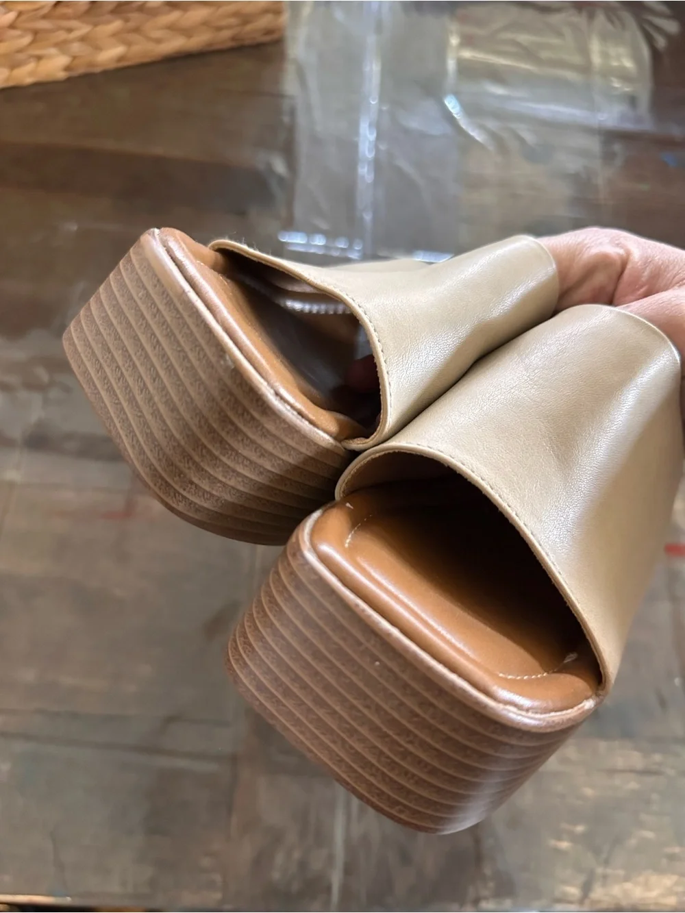 Neutral Beige Slide Platform Mules with Block Heel - Women